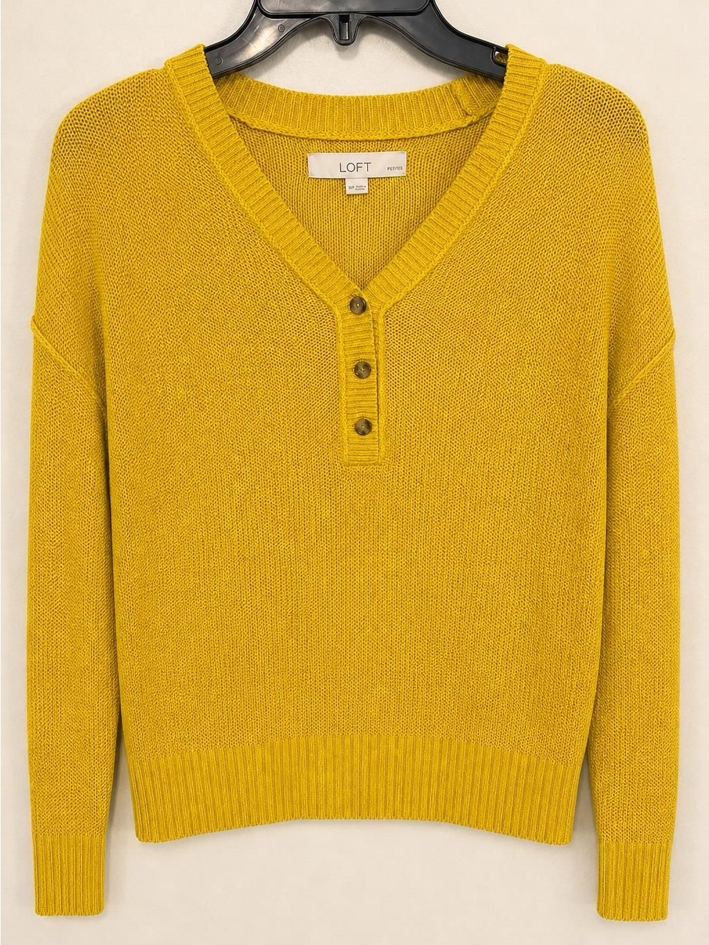 LOFT Yellow V-Neck Three-Button Pullover Sweater